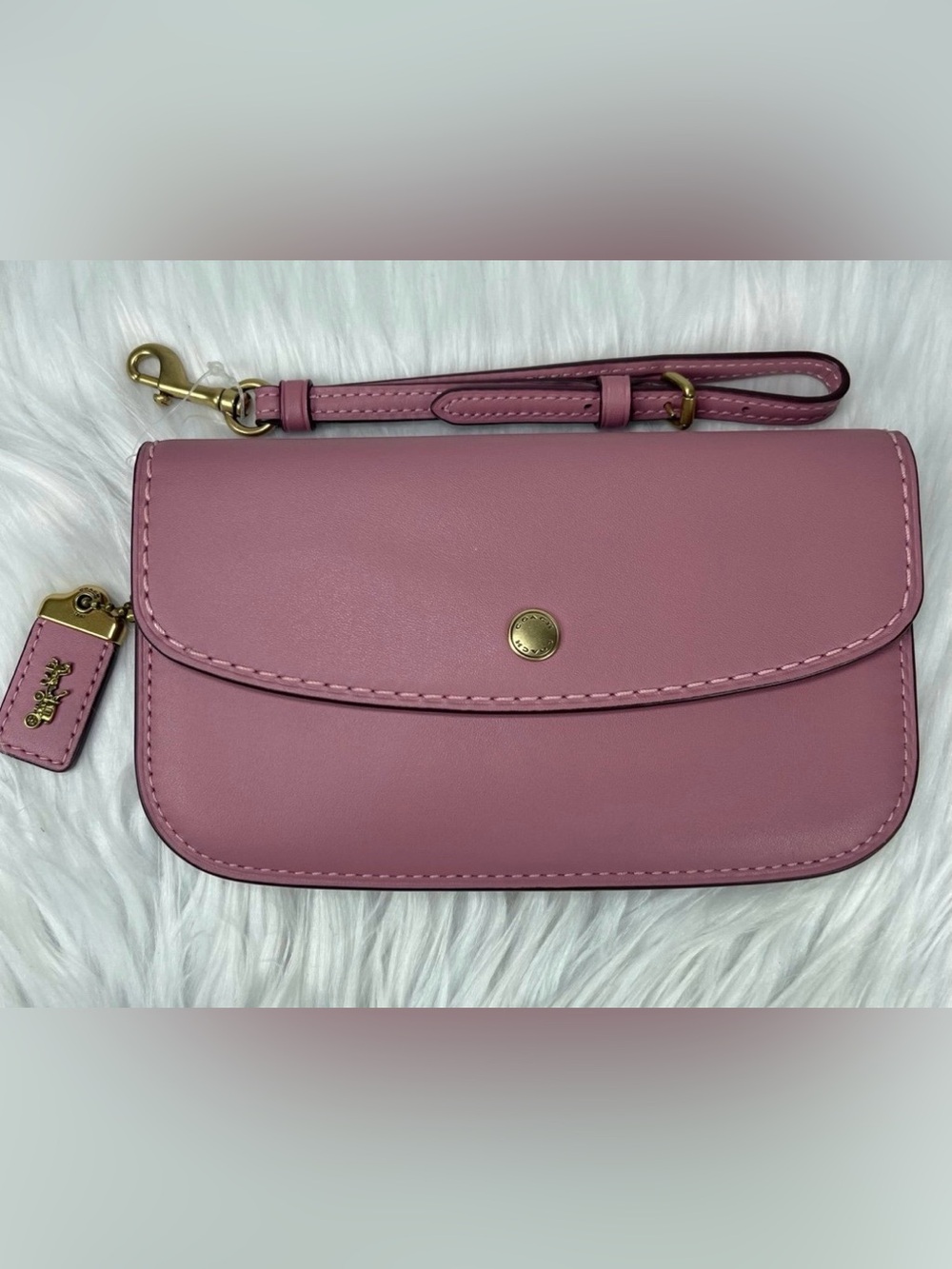 Coach Rose Pink Leather Wristlet with Gold-Tone Hardware